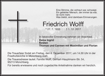 Traueranzeige von Friedrich Wolff von Frankenpost