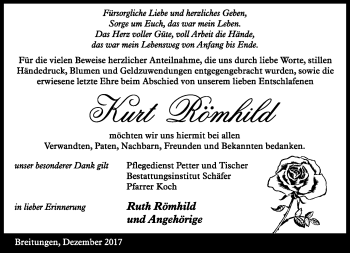 Traueranzeige von Kurt Römhild von Südthüringer Presse