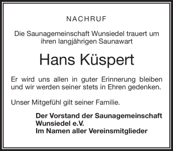 Traueranzeige von Hans Küspert von Frankenpost