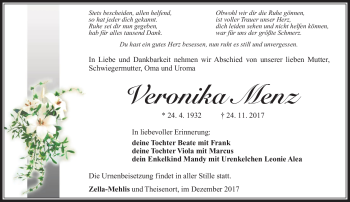 Traueranzeige von Veronika Menz von Südthüringer Presse