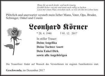 Traueranzeige von Leonhard Körner von Südthüringer Presse