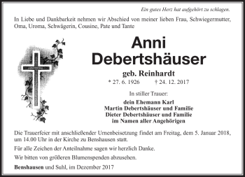 Traueranzeige von Anni Debertshäuser von Südthüringer Presse