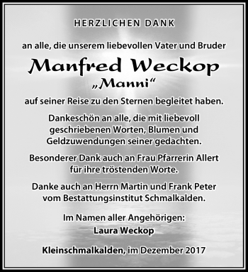 Traueranzeige von Manfred Weckop von Südthüringer Presse
