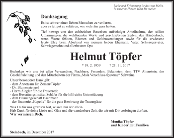 Traueranzeige von Helmut Töpfer von Südthüringer Presse