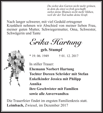 Traueranzeige von Erika Hartung von Südthüringer Presse