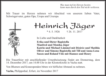 Traueranzeige von Heinrich Jäger von Südthüringer Presse