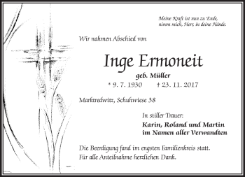 Traueranzeige von Inge Ermoneit von Frankenpost