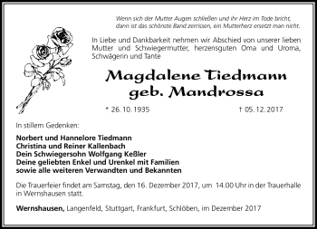 Traueranzeige von Magdalene Tiedmann von Südthüringer Presse