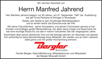 Traueranzeige von Manfred Jahrend von Frankenpost