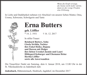 Traueranzeige von Erna Butters von Südthüringer Presse