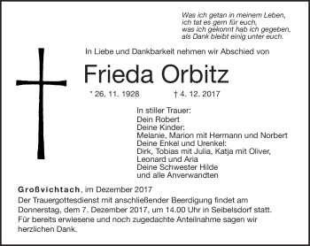 Traueranzeige von Frieda Orbitz von Neue Presse Coburg