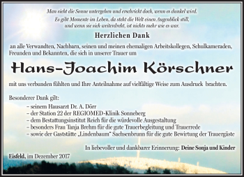 Traueranzeige von Hans-Joachim Körschner von Südthüringer Presse