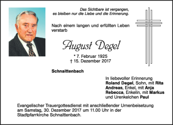 Traueranzeige von August Degel von Neue Presse Coburg