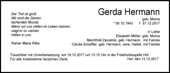 Traueranzeige von Gerda Hermann von Frankenpost