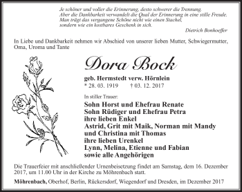 Traueranzeige von Dora Bock von Südthüringer Presse