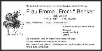 Traueranzeige von Emma Benker von Frankenpost