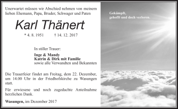 Traueranzeige von Karl Thänert von Südthüringer Presse