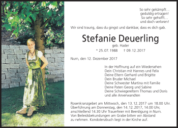 Traueranzeige von Stefanie Deuerling von Neue Presse Coburg
