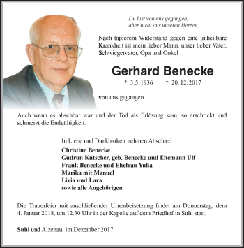 Traueranzeige von Gerhard Benecke von Südthüringer Presse