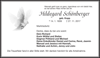 Traueranzeige von Hildegard Schönberger von Frankenpost