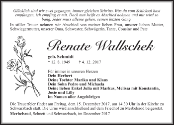 Traueranzeige von Renate Wallschek von Südthüringer Presse