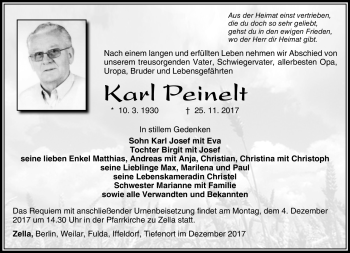 Traueranzeige von Karl Peinelt von Südthüringer Presse