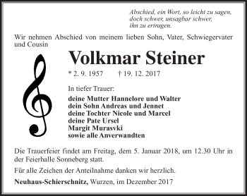 Traueranzeige von Volkmar Steiner von Südthüringer Presse