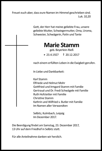 Traueranzeige von Marie Stamm von Frankenpost