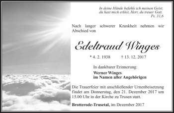 Traueranzeige von Edeltraud Winges von Südthüringer Presse