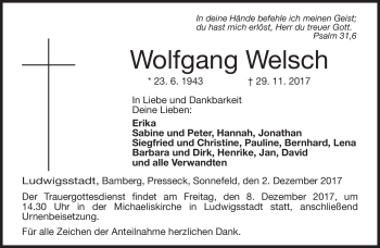 Traueranzeige von Wolfgang Welsch von Neue Presse Coburg