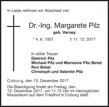 Traueranzeige von Margarete Pilz von Neue Presse Coburg