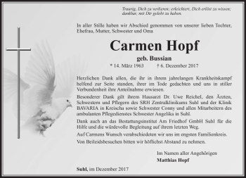 Traueranzeige von Carmen Hopf von Südthüringer Presse