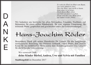 Traueranzeige von Hans-Joachim Röder von Südthüringer Presse