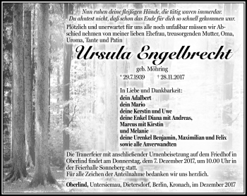 Traueranzeige von Ursula Engelbrecht von Südthüringer Presse