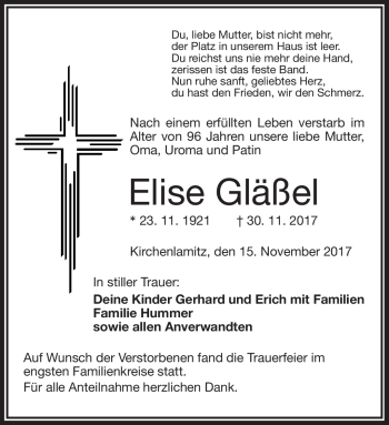 Traueranzeige von Elise Gläßel von Frankenpost