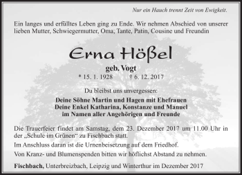 Traueranzeige von Erna Hößel von Südthüringer Presse