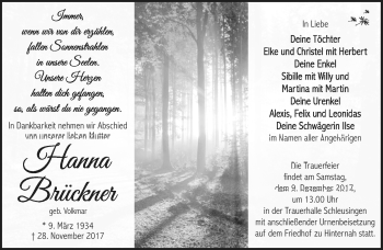 Traueranzeige von Hanna Brückner von Südthüringer Presse