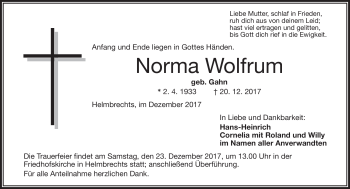 Traueranzeige von Norma Wolfrum von Frankenpost