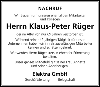 Traueranzeige von Klaus-Peter Rüger von Südthüringer Presse