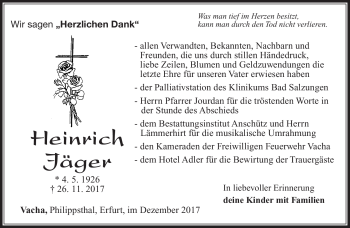 Traueranzeige von Heinrich Jäger von Südthüringer Presse