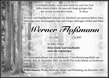 Traueranzeige von Werner Floßmann von Südthüringer Presse