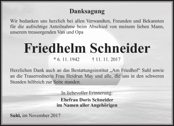 Traueranzeige von Friedhelm Schneider von Südthüringer Presse