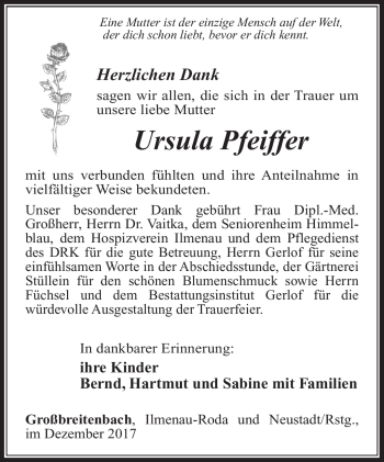 Traueranzeige von Ursula Pfeiffer von Südthüringer Presse