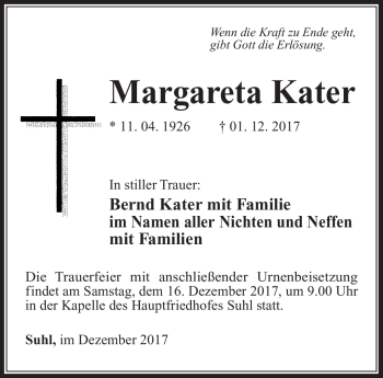Traueranzeige von Margareta Kater von Südthüringer Presse