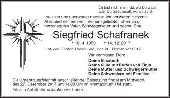 Traueranzeige von Siegfried Schafranek von Frankenpost
