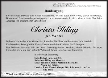 Traueranzeige von Christa Ihling von Südthüringer Presse
