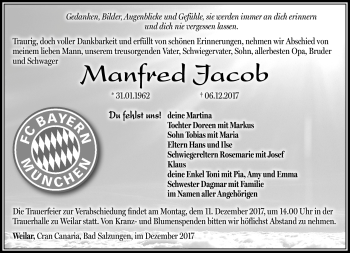 Traueranzeige von Manfred Jacob von Südthüringer Presse