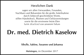 Traueranzeige von Dr. med. Dietrich Kaselow von Südthüringer Presse