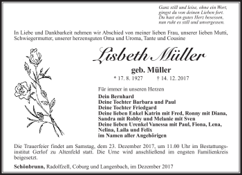 Traueranzeige von Lisbeth Müller von Südthüringer Presse