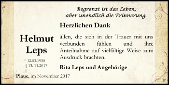 Traueranzeige von Helmut Leps von Südthüringer Presse